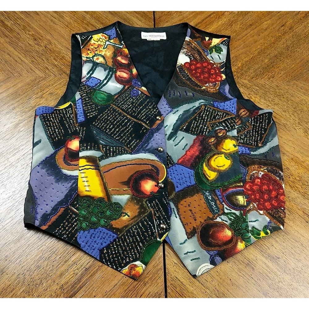 Van Macdowell Paris 100% Silk Vest Beaded Fruits Holiday Festive Colorful VTG